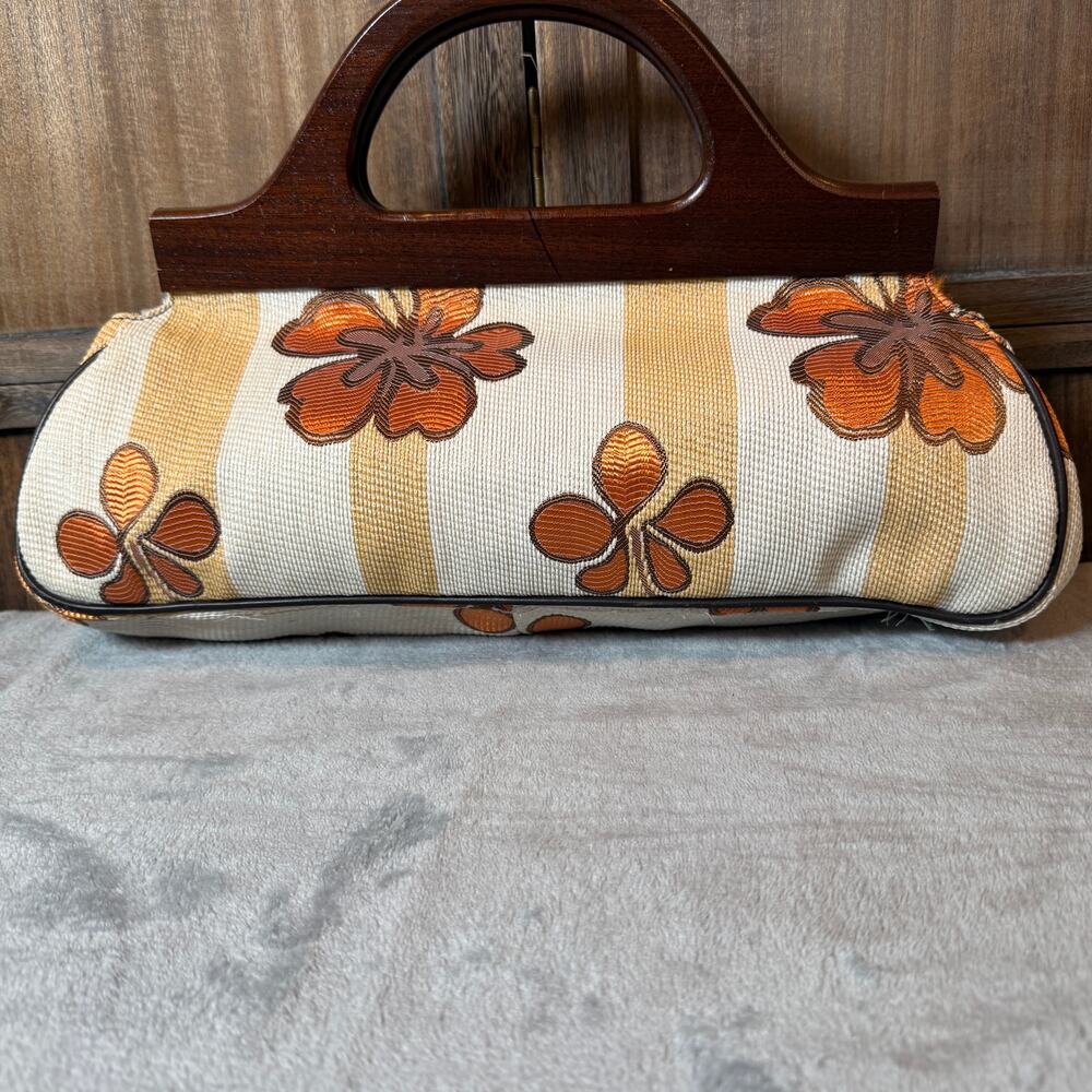 Vintage Nordstrom Italy Floral Tapestry Handbag Wood Handle Boho Retro Purse